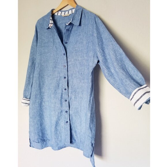 Soft Surroundings 100% Linen Lagenlook Chambray Blue Button Up Tunic Shirt 1X - Picture 10 of 16
